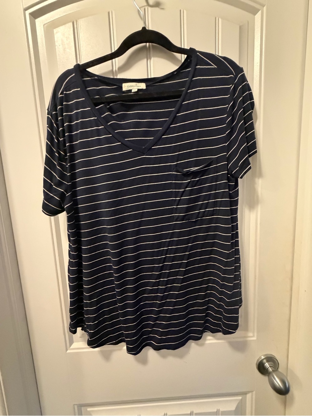 Grace & Lace  Oversized Navy and White Striped V-Neck Pocket Tee